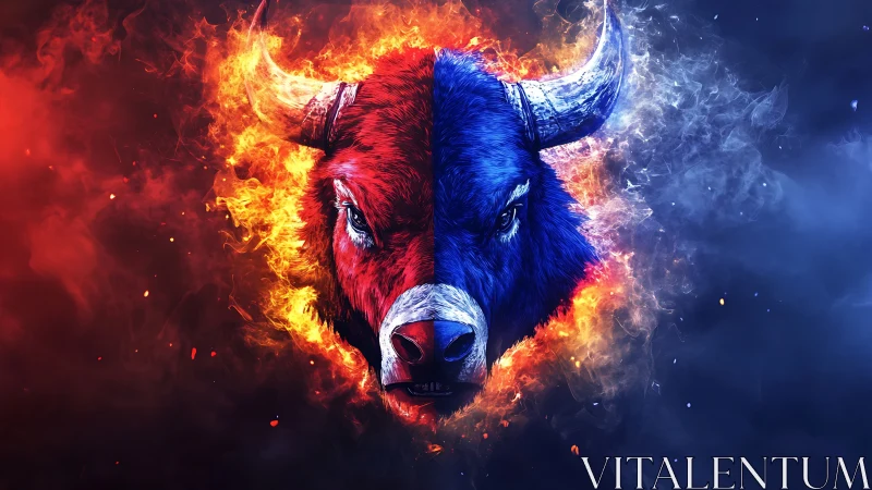 Bison head splits fire and ice with vivid bilateral contrast