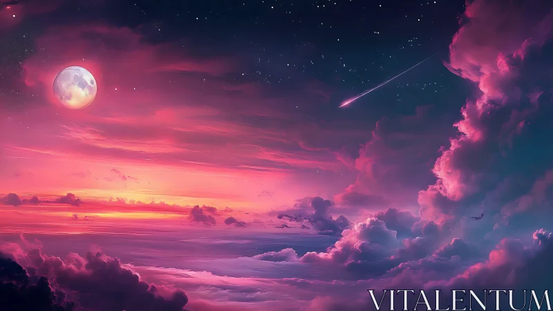 Nebular twilight sky renders stratified clouds and rising moon