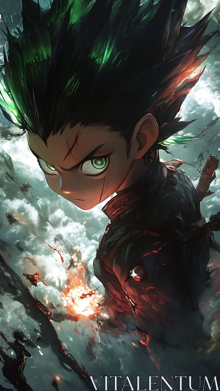 Dynamic anime warrior in stormlit vertical composition.