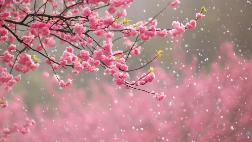 Pink Blossoms Dance in Gentle Snowfall.