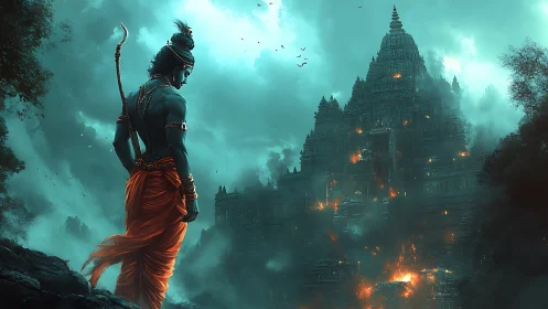 Warrior deity surveys burning temple in stormlit mist