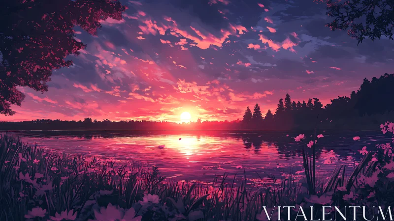 Spectral sunset over reflective lakeshore flora rendering.