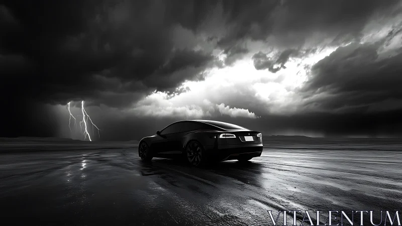 Sleek black sports car dominates a stormy coastal highway
