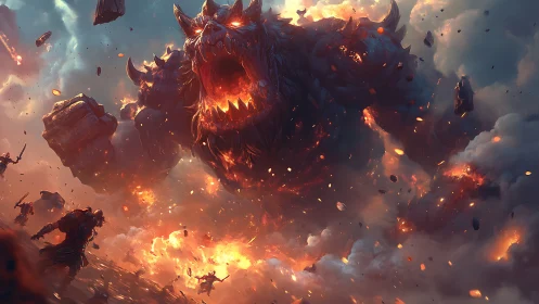 Colossal lava demon erupts over battlefield in fiery clouds.