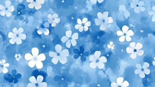 Blue and white flowers floating across dreamy sky background