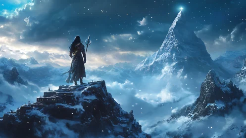 Stormborne ascetic gazes toward a star-crowned summit.