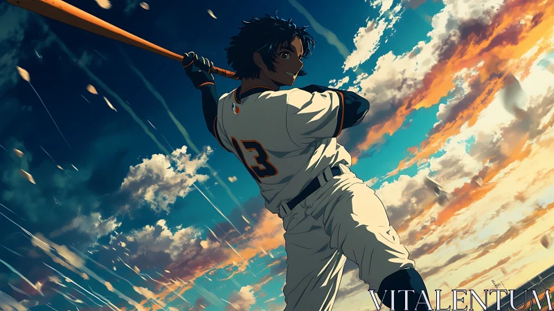 Sunlit slugger ready to swing under a glowing sky.