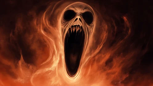Digital painting of screaming spectral skull in fiery vortex.