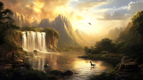 Golden fantasy valley with waterfalls and grazing animals.
