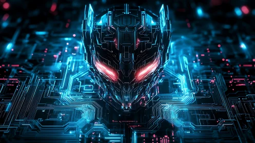 Cybernetic skull emerging from neon circuit board matrix.