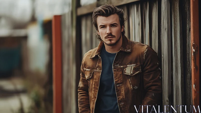 Brooding man in brown jacket leans against a rustic fence at dusk