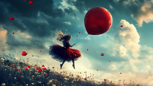 Girl in red dress soaring with balloon over poppy field.