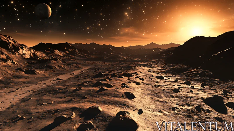 Golden alien sunrise welcomes a quiet rocky planet horizon