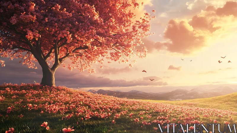 Cherry blossom tree overlooks sunlit field at sunset