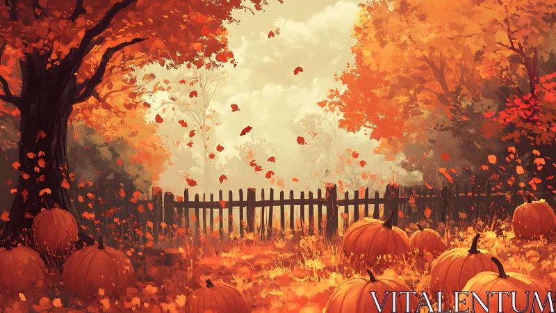 Autumn pumpkin field before rustic fence under amber foliage