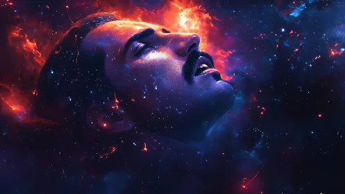 Man’s luminous face drifts through cosmic nebula glow