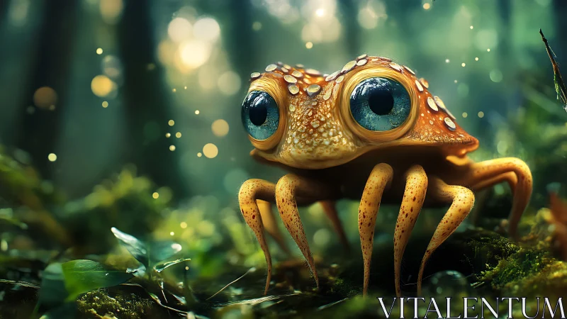 Big eyed forest creature studies glowing moss floor