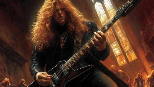 Long-haired guitarist stands in dim interior holding electric guitar