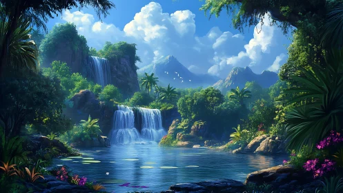 Digital landscape depicts layered waterfalls in dense valley