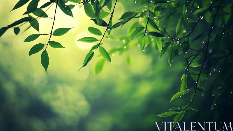 Sunlit dewy leaves arching over soft green bokeh forest.