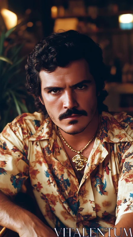 Man with patterned shirt and necklace in dim interior.