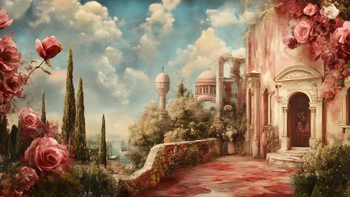 Romantic Mediterranean terrace with rose-laden palace garden.