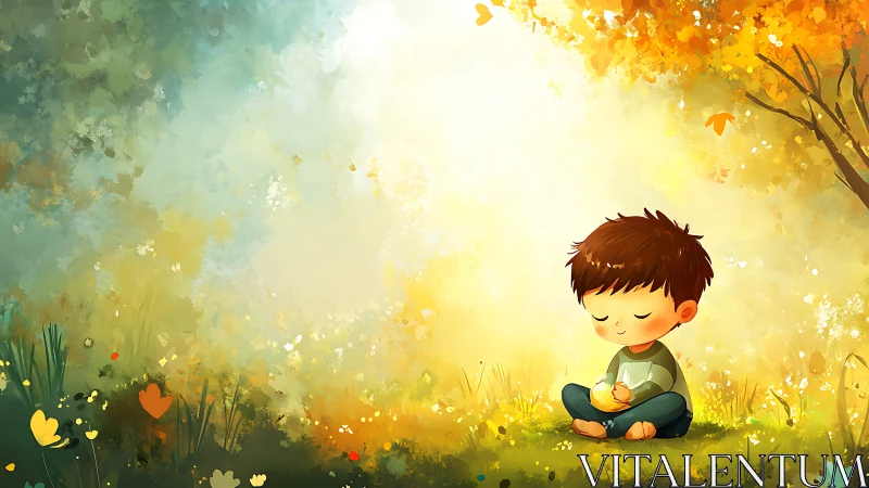 Luminous meadow meditation with child in diffuse autumn light.