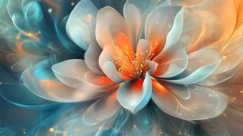 Glimmering flower petals unfold in soft teal and amber light