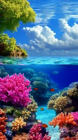 Coral kingdoms shimmer beneath a dream-bright tropical sky.