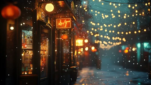 Snowy lantern alley under warm neon shopfront glow.