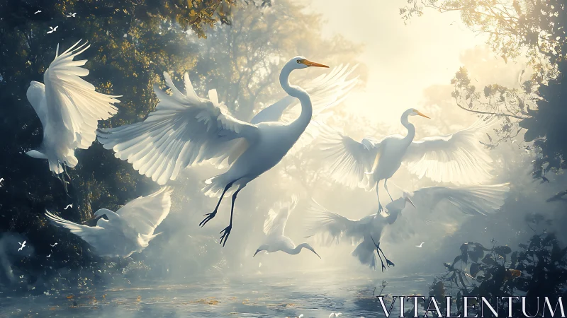 White egrets in misted woodland wetland at daybreak.