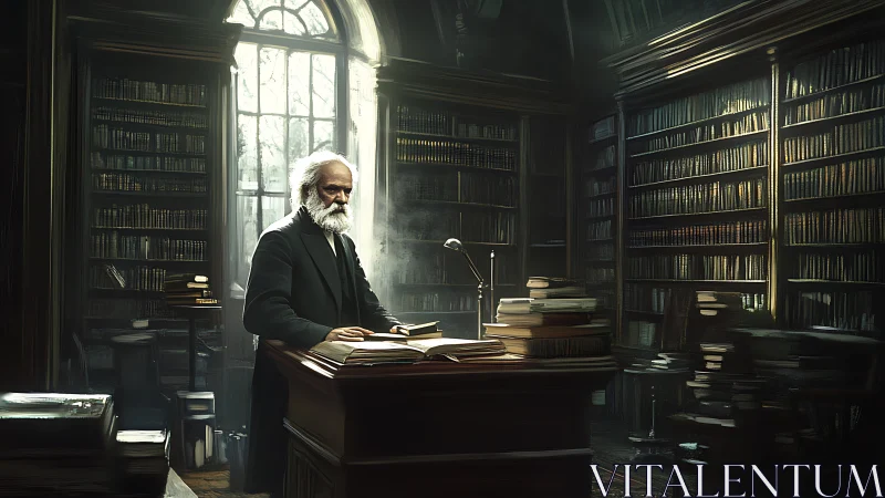 Elderly scholar standing at desk in dim historic library.