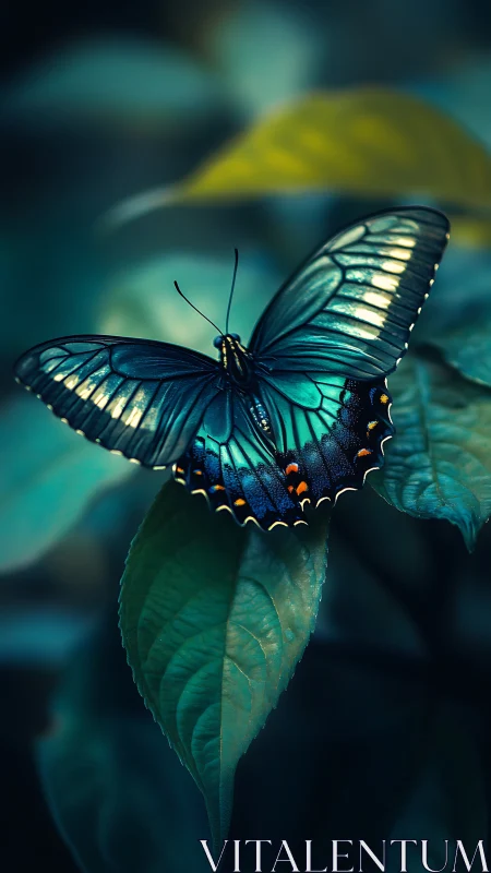 Teal butterfly resting on leaf in soft blurred foliage.