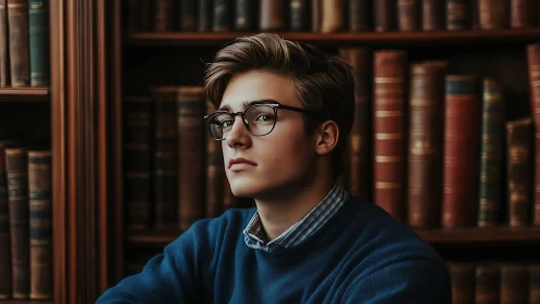 Young person with glasses sits in front of library shelves