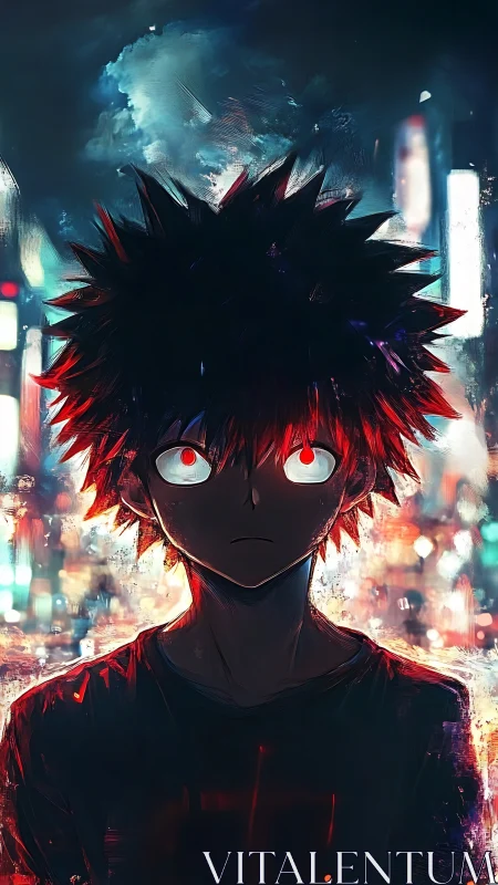 Neon-eyed anime boy against blurred cyberpunk city lights.