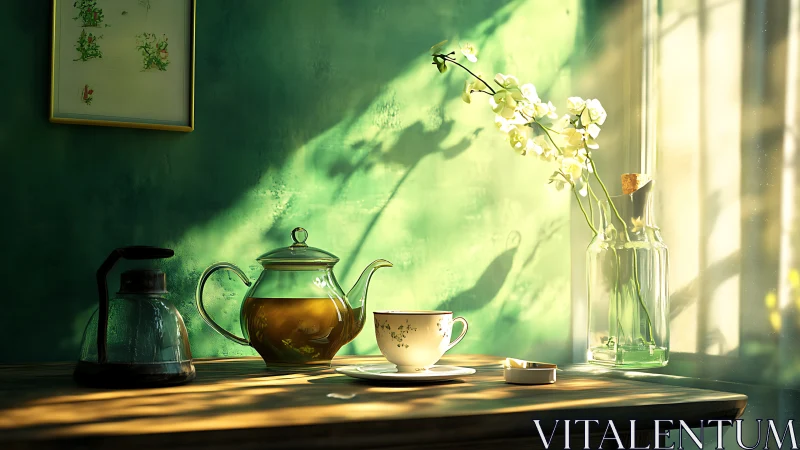 Sunlit green wall serenading a glass teapot’s quiet steam.