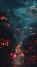 Lantern lit mountainside street glows under a stormy night sky