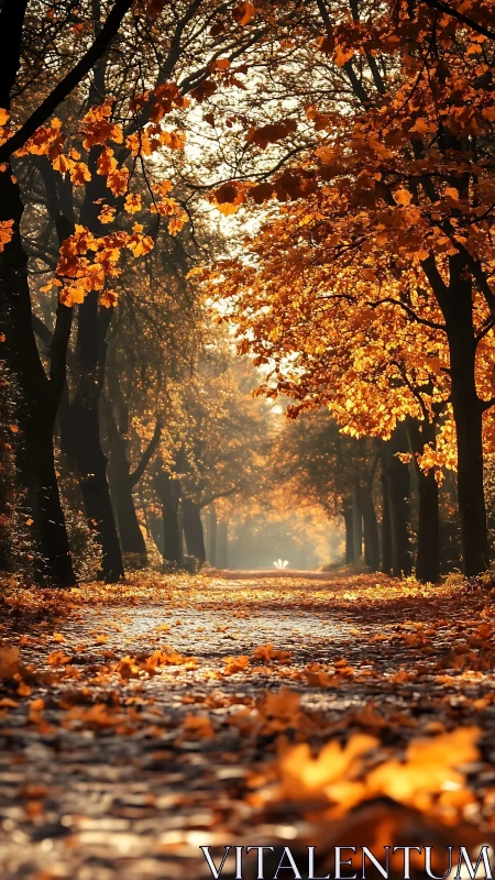 Straight park pathway under dense autumn tree canopy.