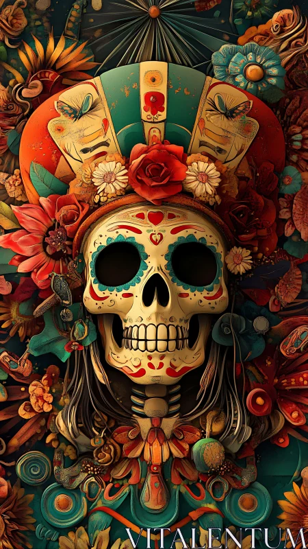 Colorful sugar skull portrait framed by ornate flowers.