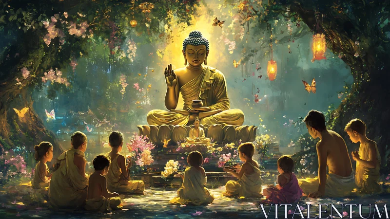 Golden Buddha statue teaches young monks in glowing forest shrine