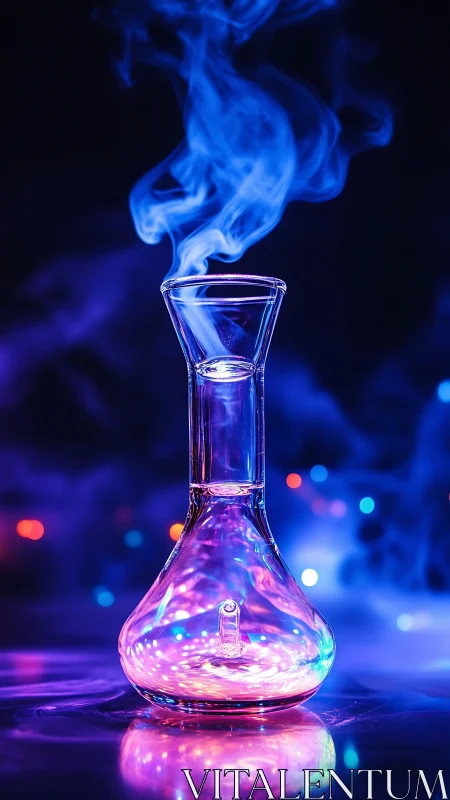 Glowing chemistry flask with neon vapor on dark backdrop.