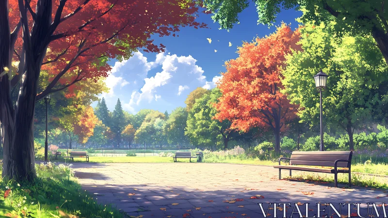 Autumn park path under bright sky with empty benches.