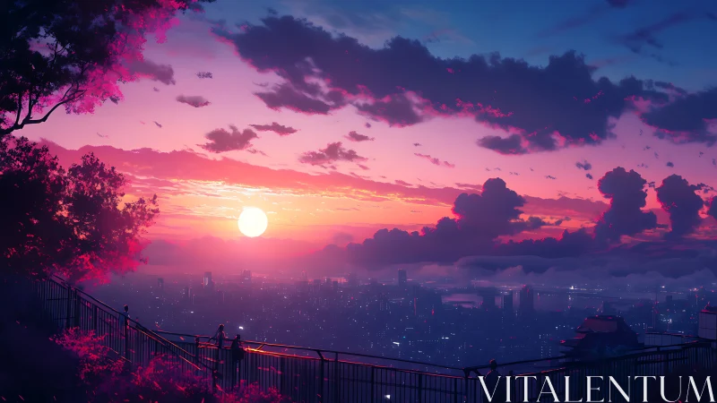 Sunset over distant cityscape viewed from hilltop railing.