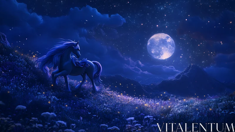 Moonlit unicorn wandering through a dreamy starlit meadow.