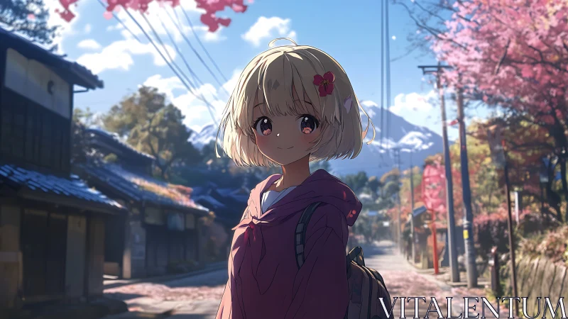 Smiling schoolgirl enjoying a gentle cherry blossom morning.