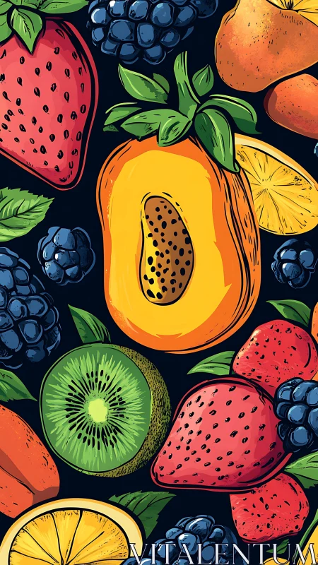 Juicy tropical fruit medley bursting over midnight blue.