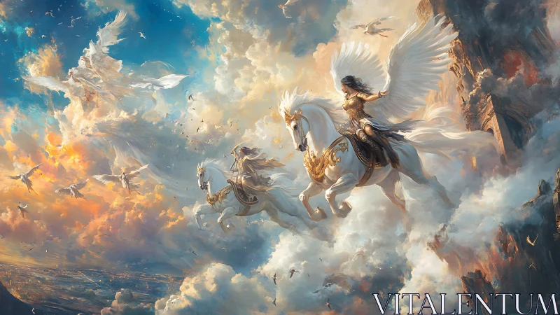 Winged warrior on white horses riding through radiant clouds.