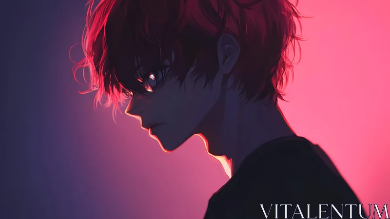 Red-haired anime boy glows in moody neon backlight silhouette.