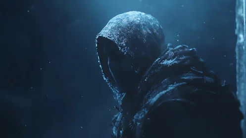 Hooded figure in frozen blue light with icy silhouette.