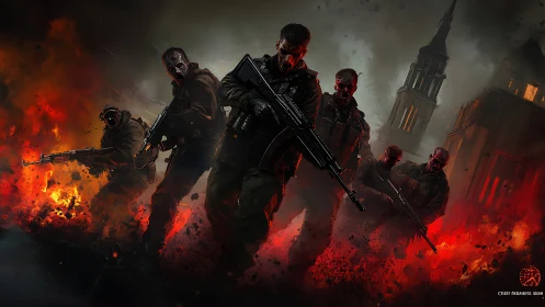 Undead soldiers advance through urban inferno in dynamic perspective